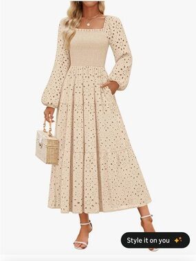 Beige Eyelet Maxi Dress with Smocked Bodice